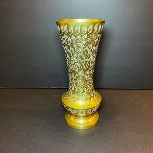 Vintage Brass Flower Vase Etched Floral Pattern India